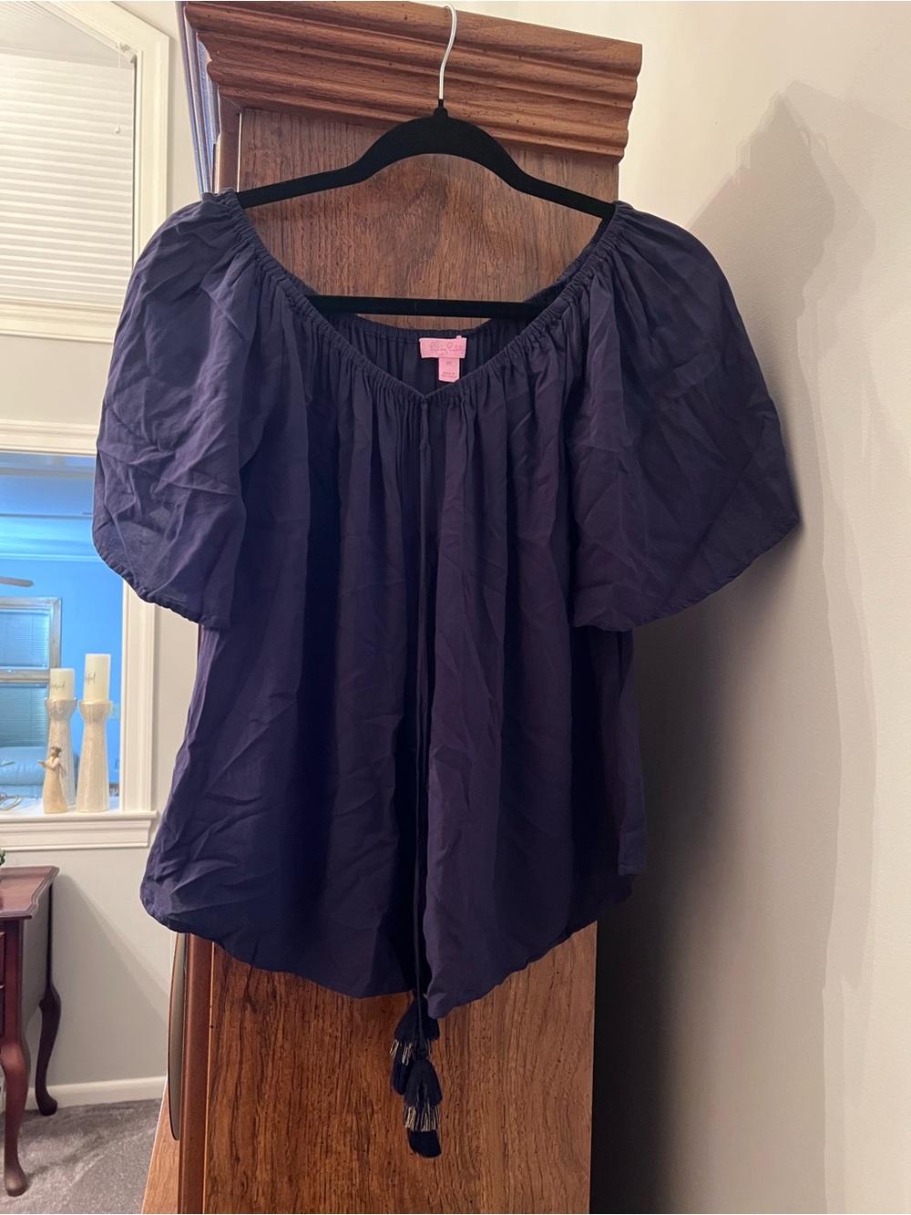 Lilly Pulitzer Navy Blue Rayon Peasant Tunic Top M Tassel Balloon Sleeve Boho